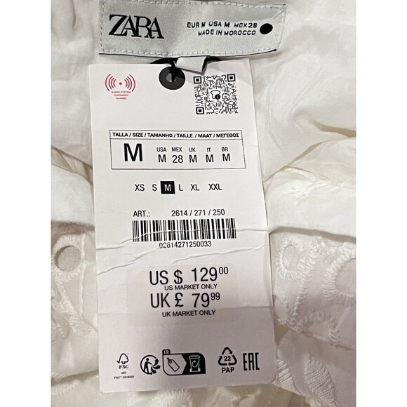 ZARA White Embroidered Eyelet Midi Shirt Dress Pockets Overlay Skirt Sz Medium - Picture 13 of 15